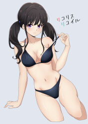 Rule 34 | 1girl, absurdres, arm support, bare shoulders, bikini, bikini pull, black bikini, black hair, breasts, closed mouth, clothes pull, collarbone, commentary request, copyright name, cropped legs, grey background, groin, highres, inoue takina, long hair, looking at viewer, lycoris recoil, medium breasts, navel, nishizuki shino, partial commentary, pulling own clothes, purple eyes, sidelocks, simple background, solo, stomach, swimsuit, translated, twintails