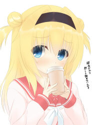 Rule 34 | 1girl, black hairband, blonde hair, blue eyes, blush, chitose sana, commentary, cup, double-parted bangs, double bun, drinking, eyes visible through hair, furrowed brow, hair between eyes, hair bun, hair intakes, hairband, hands up, hirocchi, holding, holding cup, long hair, long sleeves, looking at viewer, neckerchief, pink shirt, pout, red sailor collar, sailor collar, school uniform, serafuku, shirt, sidelocks, simple background, solo, tenshinranman, translated, two side up, upper body, white background, white neckerchief