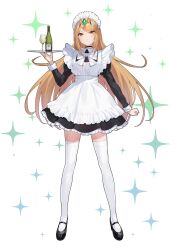 Rule 34 | 1girl, absurdres, alcohol, alternate costume, apron, black dress, blonde hair, blush, cup, dress, drink, drinking glass, enmaided, frilled apron, frills, green322, highres, holding, holding drink, jewelry, long hair, looking at viewer, maid, maid apron, maid headdress, mythra (xenoblade), swept bangs, tiara, very long hair, white apron, xenoblade chronicles (series), xenoblade chronicles 2, yellow eyes