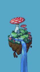 Rule 34 | blue background, closed mouth, commentary, english commentary, floating rock, fly agaric, frog, grass, highres, looking at viewer, moss, mushroom, no humans, original, pixel art, red mushroom, rock, simple background, tofupixel, water, waterfall