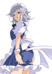 Rule 34 | 1girl, apron, ass, ass grab, blue eyes, braid, covering ass, covering privates, frills, grabbing own ass, highres, ichimura kanata, izayoi sakuya, looking at viewer, maid, maid apron, maid headdress, open mouth, short hair, silver hair, simple background, smile, solo, thighs, touhou, twin braids, waist apron, white background