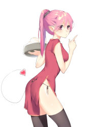Rule 34 | 1girl, absurdres, ass, bamboo steamer, baozi, breasts, china dress, chinese clothes, dress, eyeliner, food, from side, heart, highres, long hair, makeup, medium breasts, miao nai, original, panties, parted lips, pink eyes, pink hair, pointy ears, ponytail, red dress, side-tie panties, side slit, simple background, solo, thighhighs, tray, underwear, waitress