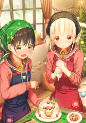 Rule 34 | 2girls, :d, aiuabo, albino, apron, black eyes, black hair, blue apron, box, cake, cake decoration, child, christmas, christmas ornaments, christmas tree, commentary request, cookie, curtains, drawstring, food, fruit, gift, gift box, hair ornament, head scarf, heart, highres, hood, hoodie, indoors, long sleeves, looking at viewer, multiple girls, open mouth, original, paper chain, pastry bag, pink hoodie, plaid, plaid shirt, plate, red apron, red eyes, shirt, siblings, sisters, smile, star (symbol), star hair ornament, star print, strawberry, tablecloth, white hair, window, yellow shirt