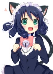 Rule 34 | 10s, 1girl, :3, animal ears, bell, blue dress, blue hair, blush, cat ears, cat tail, curly hair, cyan (show by rock!!), dress, fang, frills, green eyes, headband, heart, nagomi yayado, open mouth, paw pose, ribbon, short hair, show by rock!!, simple background, solo, tail, white background