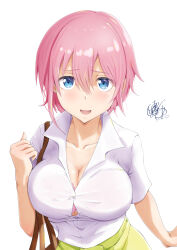 Rule 34 | 1girl, absurdres, bag, blue eyes, bra, bra peek, breasts, button gap, cleavage, collarbone, collared shirt, commentary request, earrings, go-toubun no hanayome, green skirt, hair between eyes, handbag, highres, island lagoon, jewelry, large breasts, looking at viewer, nakano ichika, open mouth, pink bra, pink hair, school uniform, shirt, short hair, short sleeves, signature, simple background, skirt, smile, solo, stud earrings, underwear, white background, white shirt