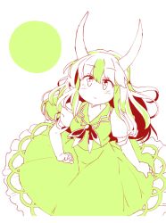 Rule 34 | 1girl, :o, blush, cross-eyed, dress, ex-keine, female focus, full moon, green hair, horns, ini (inunabe00), kamishirasawa keine, limited palette, looking up, monochrome, moon, multicolored hair, no nose, open mouth, puffy short sleeves, puffy sleeves, short sleeves, solo, spot color, touhou, white background, white hair