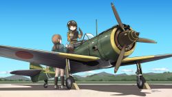 Rule 34 | 2girls, aircraft, airfield, airplane, belt, brown hair, brown theme, cloud, day, forest, gesture, gloves, goggles, highres, ki-43 hayabusa, looking at another, mountain, multiple girls, nature, open mouth, original, propeller, sitting, sky, standing, tokihama jirou, twintails, vehicle focus, world war ii