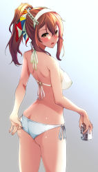 Rule 34 | 1girl, adjusting clothes, ashigara (kancolle), ass, beer can, bikini, blush, breasts, brown eyes, brown hair, butt crack, can, covered erect nipples, cowboy shot, drink can, fake horns, fang, from behind, gradient background, grey background, hair between eyes, hair ribbon, hairband, highres, holding, holding can, horned headwear, horns, kantai collection, kawamura tsukasa, legs apart, long hair, looking at viewer, looking back, medium breasts, multicolored ribbon, open mouth, ponytail, revision, ribbon, side-tie bikini bottom, sidelocks, solo, standing, swimsuit, wavy hair, white bikini