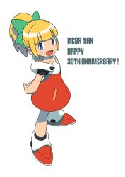 Rule 34 | anniversary, arms behind back, blonde hair, blue eyes, capcom, copyright name, dress, full body, high ponytail, highres, ishikawa hideki, long hair, looking at viewer, mega man (classic), mega man (series), mega man 11, non-web source, official art, open mouth, own hands together, red dress, roll (mega man), short sleeves, simple background, standing, white background