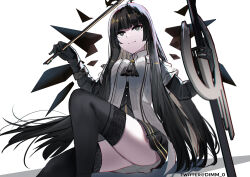 Rule 34 | 1girl, absurdres, ahoge, arknights, artist name, ascot, backlighting, belt, belt buckle, black ascot, black bustier, black eyes, black gloves, black hair, black halo, black outline, black skirt, black thighhighs, black wings, blunt bangs, blurry, bow (music), breasts, broken halo, buckle, bustier, buttons, cello, chromatic aberration, closed mouth, collared jacket, commentary, dark halo, detached wings, dm5fr, dress shirt, energy wings, eyelashes, feet out of frame, film grain, floating hair, foreshortening, from below, gloves, grey shirt, halo, hands up, hatching, hatching (texture), highres, hime cut, holding, holding bow (music), holding instrument, holding violin, instrument, invisible chair, jacket, layered sleeves, light smile, linear hatching, lips, long hair, long sleeves, looking afar, looking ahead, medium breasts, miniskirt, mole, mole under eye, outline, pale skin, pleated skirt, shadow, shirt, short over long sleeves, short-sleeved jacket, short sleeves, sidelocks, simple background, sitting, skirt, solo, thighhighs, thighs, twitter username, underbutt, very long hair, violin, virtuosa (arknights), white background, white belt, white jacket, wide sleeves, wing collar, wings, yellow pupils, zettai ryouiki