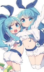 Rule 34 | 2girls, :d, arched back, arm up, ass, blue eyes, blue hair, blue ribbon, blush, closed mouth, commentary request, crop top, green footwear, hair between eyes, hair ribbon, high ponytail, highres, long hair, long sleeves, midriff, multiple girls, navel, near (sound voltex), noah (sound voltex), open mouth, outstretched arm, ponytail, ribbon, shirt, shoe soles, shoes, short eyebrows, short shorts, shorts, siblings, simple background, sisters, sleeves past fingers, sleeves past wrists, smile, sound voltex, thick eyebrows, thighhighs, twins, very long hair, wagashi928, white background, white legwear, white shirt, white shorts