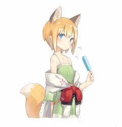 Rule 34 | 1girl, animal ear fluff, animal ears, bare shoulders, blonde hair, blue eyes, cowboy shot, eating, extra ears, flat chest, food, fox ears, fox tail, japanese clothes, looking at viewer, original, poco (asahi age), popsicle, shiratama kitsune, short hair, simple background, solo, spaghetti strap, tail, tank top