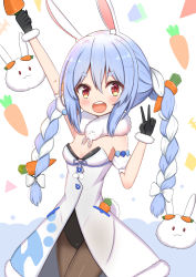 Rule 34 | 1girl, :d, absurdres, animal ear fluff, animal ears, arm up, black gloves, black leotard, blue background, blue hair, blush, bow, braid, breasts, brown pantyhose, carrot, carrot hair ornament, commentary request, covered navel, detached sleeves, don-chan (usada pekora), dress, food, food-themed hair ornament, fur-trimmed dress, fur-trimmed gloves, fur trim, gloves, hair between eyes, hair bow, hair ornament, hand up, highres, holding, holding food, hololive, jiu (sdesd3205), leotard, long hair, looking at viewer, multicolored hair, open mouth, pantyhose, pekomon (usada pekora), puffy short sleeves, puffy sleeves, rabbit ears, red eyes, round teeth, short eyebrows, short sleeves, small breasts, smile, strapless, strapless dress, strapless leotard, teeth, thick eyebrows, twin braids, twintails, two-tone background, two-tone hair, upper teeth only, usada pekora, usada pekora (1st costume), v, very long hair, virtual youtuber, white background, white bow, white dress, white hair, white sleeves