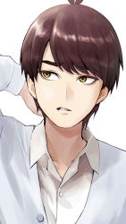 Rule 34 | 1boy, arm behind head, brown eyes, brown hair, commentary request, go-toubun no hanayome, highres, ishiyuki, long sleeves, looking to the side, male focus, shirt, simple background, solo, swept bangs, teeth, uesugi fuutarou, upper body, white background, white shirt