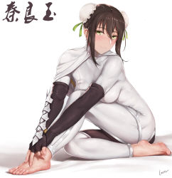 Rule 34 | 1girl, barefoot, blush, breasts, brown hair, bun cover, fate/grand order, fate (series), feet, green eyes, hair between eyes, hands on feet, highres, laserflip, looking at viewer, own hands together, qin liangyu (fate), sitting, smile, solo, toes