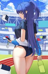 Rule 34 | 1girl, absurdres, ass, black shirt, blue archive, blue buruma, blue eyes, blue jacket, blush, bottle, breasts, buruma, drone, gym shirt, gym uniform, halo, highres, jacket, jacket partially removed, large breasts, long hair, looking at viewer, medium breasts, nacho (nacho 1103), official alternate costume, ponytail, purple hair, shirt, short sleeves, solo, star sticker, sticker, sticker on face, thighs, track jacket, water bottle, yuuka (blue archive), yuuka (track) (blue archive)