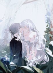 Rule 34 | 1boy, 1girl, 1other, absurdres, asphyxia17, bare shoulders, black bow, black jacket, blue eyes, blue flower, bow, breasts, closed eyes, colored eyelashes, couple, curtains, dress, face-to-face, flower, grey hair, hair bow, highres, jacket, juliet sleeves, large breasts, leaf, long sleeves, looking at another, original, puffy sleeves, short ponytail, sidelocks, smile, strapless, strapless dress, wet, wet clothes, wet dress, white dress, white hair, white theme, window