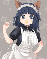 Rule 34 | 1girl, :d, alternate costume, animal ears, apron, armadillo ears, black eyes, black hair, black shirt, blunt bangs, blush, breasts, center frills, commentary request, cowboy shot, dress, enmaided, frills, giant armadillo (kemono friends), grey background, hand on own hip, hand up, highres, japari symbol, kemono friends, large breasts, lets0020, looking at viewer, maid, maid headdress, medium bangs, medium hair, open mouth, pinafore dress, puffy short sleeves, puffy sleeves, shirt, short sleeves, simple background, sleeveless, sleeveless dress, smile, solo, sparkle, v-shaped eyebrows, waist apron, white apron, white dress