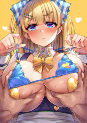 Rule 34 | 1boy, 1girl, bikini, bikini top only, blonde hair, blue bikini, blue bow, blue eyes, borrowed character, bow, breasts, commentary request, groping, hair bow, hair ornament, hairclip, heart, heart-shaped pupils, heart pasties, highres, huge breasts, lina (michihasu), long hair, looking at viewer, micro bikini, moze, nail polish, original, pasties, pov, puffy short sleeves, puffy sleeves, short sleeves, simple background, swimsuit, symbol-shaped pupils, yellow background