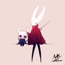 Rule 34 | 2others, absurdres, artist name, blue cloak, brown background, cloak, commentary, closed eyes, headpat, highres, hollow eyes, hollow knight, hornet (hollow knight), knight (hollow knight), multiple others, needle (hollow knight), over shoulder, red cloak, shimmer, signature, simple background, sitting, symbol-only commentary, weapon, weapon over shoulder