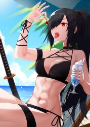 Rule 34 | 1girl, abs, beach, black hair, breasts, female focus, highres, long hair, medium breasts, navel, open mouth, outdoors, ponytail, red eyes, sitting, solo, sword, teeth, tongue, tongue out, upper teeth only, warrior, weapon