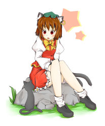 Rule 34 | 1girl, animal ears, bow, brown hair, cat, cat ears, cat tail, chen, earrings, female focus, hat, jewelry, kuroneko (kuroi-neko), mouth hold, multiple tails, red eyes, short hair, sitting, skirt, solo, star (symbol), tail, touhou