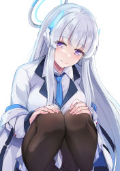 Rule 34 | 1girl, blue archive, blue halo, blue necktie, breasts, brown pantyhose, closed mouth, collared shirt, commentary request, feet out of frame, grey hair, halo, hands on own knees, hands up, headgear, highres, jacket, knees up, konka, long hair, looking at viewer, medium breasts, nail polish, necktie, noa (blue archive), off shoulder, open clothes, open jacket, panties, panties under pantyhose, pantyhose, pink nails, pleated skirt, purple eyes, shirt, simple background, skirt, smile, solo, squatting, underwear, very long hair, white background, white jacket, white panties, white shirt, white skirt