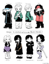 Rule 34 | 4boys, 4girls, :d, :o, adjusting clothes, adjusting headwear, age regression, aged down, arafune tetsuji, baseball cap, black footwear, black gloves, black hair, black headwear, black jacket, black necktie, black pants, black shirt, black skirt, blouse, bob cut, boots, character name, child, closed mouth, covered mouth, cropped jacket, formal, gloves, green jacket, hair ornament, hair over one eye, hairclip, hand on headwear, hand up, hands on headwear, hands up, hat, high collar, holding, holding weapon, jacket, jumpsuit, kako nozomi, kumagai yuuko, kuruma tatsuya, long sleeves, looking at another, looking at viewer, looking down, mole, mole under eye, multiple boys, multiple girls, murakami kou, necktie, nervous, off shoulder, ohhhhhhtsu, oki kouji, one eye covered, open mouth, oversized clothes, pants, pantyhose, partially colored, red headwear, red jacket, sawamura kyouko, shiki sayoko, shirt, shoes, short hair, sideways glance, skirt, skirt set, skirt suit, sleeves past fingers, sleeves past wrists, smile, spiked hair, standing, suit, surprised, sweatdrop, sword, uniform, visor cap, weapon, white pants, world trigger