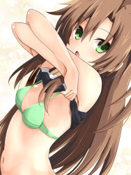 Rule 34 | 1girl, bare shoulders, blush, bra, breasts, brown hair, flustered, green eyes, hair between eyes, hair ornament, if (neptunia), iwashi dorobou -r-, leaf hair ornament, long hair, looking at viewer, midriff, navel, neptune (series), open mouth, small breasts, smile, solo, surprised, underwear, very long hair