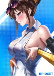Rule 34 | 1girl, absurdres, blue eyes, blush, breasts, bridget (punishing: gray raven), brown hair, collared shirt, eyewear on head, from side, grin, hair bun, highres, large breasts, looking to the side, manjo (warito), punishing: gray raven, shirt, sideboob, sleeveless, sleeveless shirt, smile, sunglasses, sweat