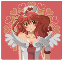 Rule 34 | 1girl, aikosu (icos), bare shoulders, breasts, cleavage, duel monster, gloves, hat, heart, injection fairy lily, nurse cap, red eyes, red hair, solo, upper body, wings, yu-gi-oh!