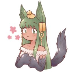 Rule 34 | 1girl, animal ears, animal hands, anubis (monster girl encyclopedia), closed mouth, dress, green eyes, green hair, hair ornament, jackie-kawaii, long hair, looking at viewer, monster girl, monster girl encyclopedia, smile, snake hair ornament, solo, tail, third-party source, upper body, white dress, wolf ears, wolf tail