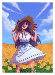 Rule 34 | 1girl, :d, absurdres, blue eyes, blue hair, blue sky, bow, burn scar, cloud, commentary, day, dress, english commentary, field, floral print, flower, flower field, furin94, hair over one eye, happy, hat, hat bow, highres, ikezawa hanako, jewelry, katawa shoujo, necklace, open mouth, outdoors, red bow, scar, scar on arm, scar on face, sky, smile, standing, straw hat, sun hat, sundress, white dress, yellow flower
