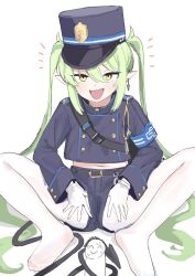 Rule 34 | 1girl, armband, blue archive, blue armband, demon tail, djheycha, doodle sensei (blue archive), earrings, flat chest, gloves, green hair, hat, nozomi (blue archive), highres, jacket, jewelry, long hair, looking at viewer, mesugaki, navel, open mouth, pantyhose, pantyhose under shorts, peaked cap, penis, pointy ears, sensei (blue archive), shorts, single earring, smile, smug, spread legs, tail, tailjob, twintails, white gloves, white pantyhose, yellow eyes