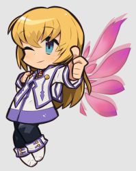 Rule 34 | 1girl, black pantyhose, blonde hair, blue eyes, chibi, closed mouth, colette brunel, dress, full body, ibara., long hair, looking at viewer, namco, one eye closed, pantyhose, simple background, smile, solo, tales of (series), tales of symphonia, wings
