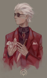 Rule 34 | 1boy, archer (fate), bad id, bad pixiv id, brooch, dagger, dark-skinned male, dark skin, fate/stay night, fate (series), formal, highres, jacket, jewelry, knife, male focus, norizc, red jacket, solo, suit, sunglasses, weapon, white hair