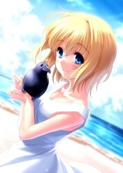 Rule 34 | 1girl, air (visual novel), bird, bird on hand, blonde hair, blue eyes, blue sky, blurry, blurry background, blush, breasts, cleavage, closed mouth, cloud, collarbone, commentary request, crow, day, dress, dutch angle, eyelashes, eyes visible through hair, hair between eyes, hands up, kamio misuzu, lips, looking at viewer, medium breasts, medium hair, ocean, off shoulder, outdoors, sky, smile, solo, spoilers, sundress, upper body, white dress, zen (kamuro)