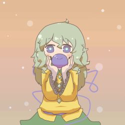 Rule 34 | 1girl, blue eyes, covering face, covering own mouth, covering privates, eyeball, female focus, green hair, holding, inishie, komeiji koishi, long hair, no headwear, simple background, skirt, smile, solo, third eye, touhou