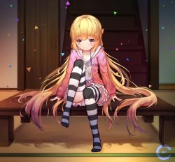 Rule 34 | 10s, 1girl, 3:, alice to zouroku, arms at sides, artist name, black thighhighs, blonde hair, blunt bangs, blush, brown eyes, c.mi, child, collarbone, drawstring, eyelashes, frilled skirt, frills, full body, highres, hood, hood down, hooded jacket, horizontal-striped legwear, indoors, jacket, kashimura sana, knee up, long hair, long sleeves, looking at viewer, low twintails, multicolored clothes, multicolored legwear, no shoes, open clothes, open jacket, pink jacket, pink skirt, sana (alice to zouroku), sanpaku, shadow, shiny skin, shirt, sitting, skirt, solo, stairs, star (symbol), star print, striped clothes, striped thighhighs, thighhighs, tsurime, twintails, two-tone legwear, two-tone stripes, very long hair, white thighhighs