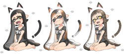 Rule 34 | 1girl, :3, animal ears, bike shorts, calico, cat ears, cat paw, cat tail, closed eyes, fangs, highres, inkling, inkling girl, inkling player character, long hair, nintendo, open mouth, pointy ears, puchiman, smile, solo, splatoon (series), splatoon 1, striped, tail, tears, tentacle hair, yawning