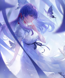 Rule 34 | absurdres, backlighting, black ribbon, blood, blood on hands, blue butterfly, blurry, blurry foreground, breasts, bug, butterfly, closed mouth, commentary, crystalherb, depth of field, dress, fate/stay night, fate (series), feet out of frame, finger to mouth, from side, heaven&#039;s feel, highres, insect, long hair, looking away, matou sakura, medium breasts, official alternate costume, photoshop (medium), profile, purple eyes, purple hair, revision, ribbon, short sleeves, solo, standing, symbol-only commentary, white dress