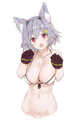 Rule 34 | 1girl, animal ear fluff, animal ears, bare shoulders, bikini, blush, breasts, brown gloves, cat ears, cleavage, collarbone, extra ears, front-tie bikini top, front-tie top, gloves, hair intakes, hair ornament, hairclip, highres, kantai collection, large breasts, looking at viewer, navel, open mouth, paw pose, red eyes, ryo (tg290), short hair, simple background, solo, swimsuit, tama (kancolle), tama kai ni (kancolle), white background