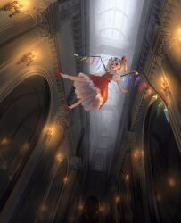 Rule 34 | 1girl, ascot, blonde hair, bo cota, candle, collared dress, crystal, dress, fang, fire, flandre scarlet, flying, frills, hair between eyes, hat, hat ribbon, highres, indoors, light, looking at viewer, looking down, mob cap, multicolored wings, one side up, open mouth, puffy short sleeves, puffy sleeves, red eyes, red footwear, red ribbon, red skirt, red vest, ribbon, scarlet devil mansion, shoes, short hair, short sleeves, skirt, skirt set, smile, socks, solo, tongue, touhou, vest, wall, white dress, white hat, white socks, wings, yellow ascot