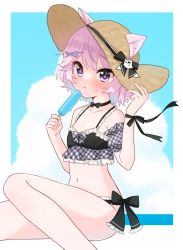 Rule 34 | 1girl, animal ear fluff, animal ears, bare shoulders, bikini, black bow, black bowtie, bow, bowtie, breasts, cat ears, cat girl, checkered bow, checkered clothes, checkered swimsuit, cloud, cloudy sky, collarbone, commentary request, commission, detached sleeves, ears through headwear, eyepatch, food, hair between eyes, hair bow, hat, holding, holding clothes, holding hat, looking at viewer, midriff, navel, nyatasha nyanners, open mouth, pink hair, popsicle, purple bow, purple eyes, ribbon, skeb commission, sky, small breasts, solo, sukoyaka (100hituzi), sun hat, sweatdrop, swimsuit, virtual youtuber, vshojo, wrist ribbon