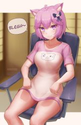 Rule 34 | 1girl, :3, absurdres, animal ears, bad id, bad pixiv id, blush, breasts, cat ears, cat girl, closed mouth, collarbone, highres, hungrydurp, large breasts, looking at viewer, nyatasha nyanners, purple eyes, purple hair, short hair, sitting, smile, solo, swivel chair, virtual youtuber, vshojo