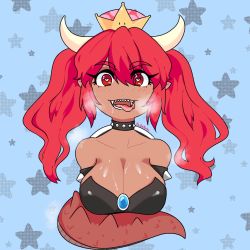 Rule 34 | 1girl, armlet, bare shoulders, bowsette, breasts, bright pupils, collar, dark-skinned female, dark skin, drooling, halftone, heart, heart-shaped pupils, highres, horns, humanization, large breasts, long hair, mario (series), nagamimis, new super mario bros. u deluxe, nintendo, open mouth, red eyes, red hair, saliva, scales, sharp teeth, smile, solo, spiked armlet, spiked collar, spikes, star (symbol), super crown, symbol-shaped pupils, tail, teeth, tongue, tongue out, twintails, upper body, white horns, white pupils