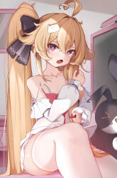 Rule 34 | 1girl, absurdres, ahoge, attilio regolo (azur lane), attilio regolo (castle of inspiration) (azur lane), azur lane, black ribbon, blonde hair, brushing hair, camisole, cardigan, chinese commentary, comb, commentary request, crossed bangs, fang, hair between eyes, hair ornament, hair ribbon, heart, heart-shaped pupils, highres, huge ahoge, indoors, light blush, looking at viewer, mole, mole under eye, monitor, off shoulder, open mouth, purple eyes, rabbit hair ornament, red camisole, ribbon, sidelocks, sitting, skin fang, solo, stuffed animal, stuffed rabbit, stuffed toy, symbol-shaped pupils, thighhighs, thighs, twintails, tying hair, white cardigan, white thighhighs, youten yy