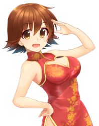 Rule 34 | 1girl, :d, bad id, bad pixiv id, bare shoulders, breasts, brown eyes, brown hair, china dress, chinese clothes, cleavage, cleavage cutout, clothing cutout, dress, floral print, hand on own hip, hand up, highres, honda mio, idolmaster, idolmaster cinderella girls, kon5283, looking at viewer, medium breasts, open mouth, peony print, short hair, smile, solo, standing
