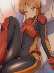 Rule 34 | 1girl, :o, absurdres, bad id, bad twitter id, blush, bodysuit, breasts, cable, cockpit, covered navel, gundam, gundam zz, highres, iwasaki masakazu, orange hair, parted bangs, pilot suit, purple eyes, puru two, science fiction, short hair, sitting, skin tight, small breasts, solo, v-shaped eyebrows