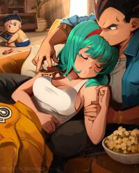 Rule 34 | 1girl, 2boys, :o, absurdres, baby, black eyes, black hair, blue eyes, blue jacket, blush, bracelet, bulma, capsule corp, closed eyes, closed mouth, couch, dragon ball, dragonball z, family, father and son, food, hairband, hat, highres, husband and wife, indoors, jacket, jewelry, khyle., light purple hair, looking at another, medium hair, mother and son, multiple boys, parted lips, plant, red hairband, shirt, skateboard, sleeping, sleeveless, trunks (dragon ball), vase, vegeta, when you see it, white shirt